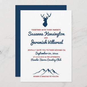 Convite Casamento Rustic Blue and Red Deer Country Mountai