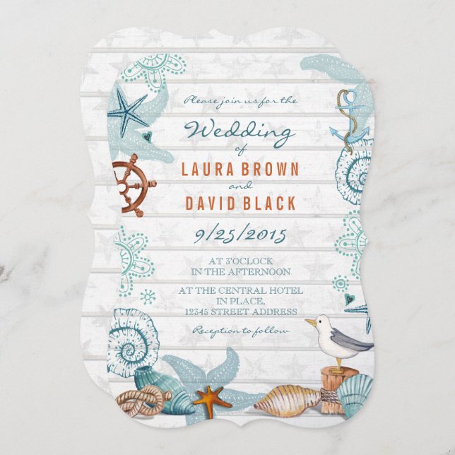 Convite Casamento Rustic Blue Beach Sand (Frente/Verso)