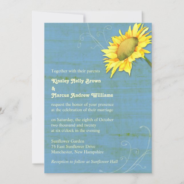 Convite Casamento Rustic Blue Country Sunflower (Frente)