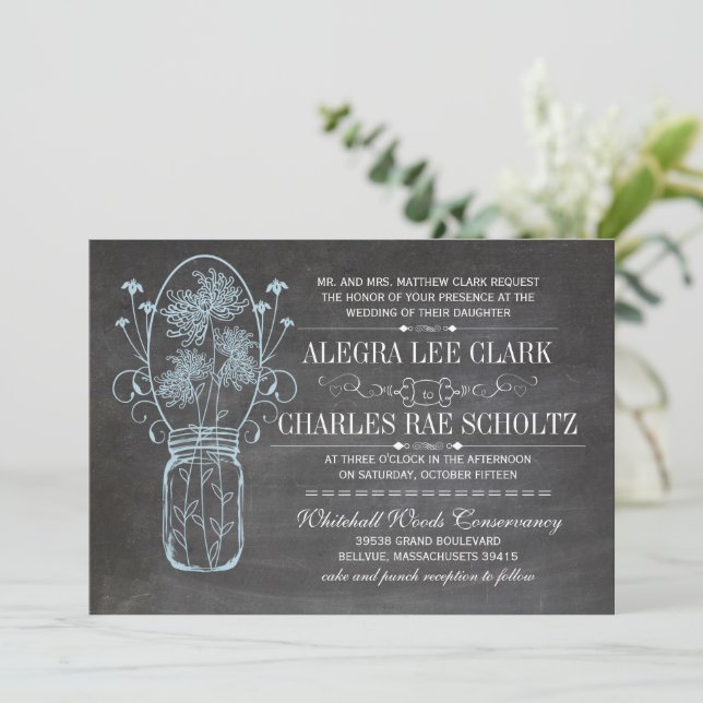 Convite Casamento Rustic Blue Mason Jar Chalkboard (Em pé/Frente)