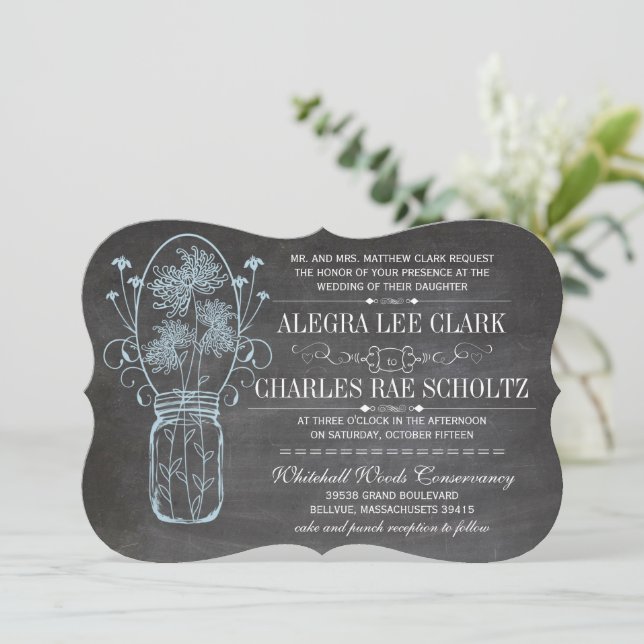 Convite Casamento Rustic Blue Mason Jar Chalkboard (Em pé/Frente)