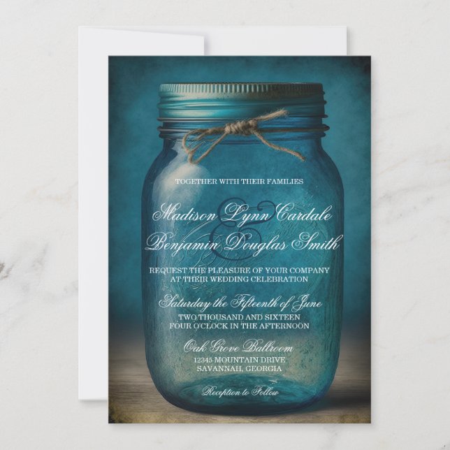 Convite Casamento Rustic Blue Mason Jar Country (Frente)