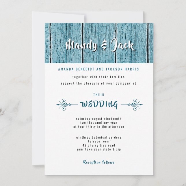 Convite Casamento Rustic Blue Shiplap Wood Na moda Modern (Frente)