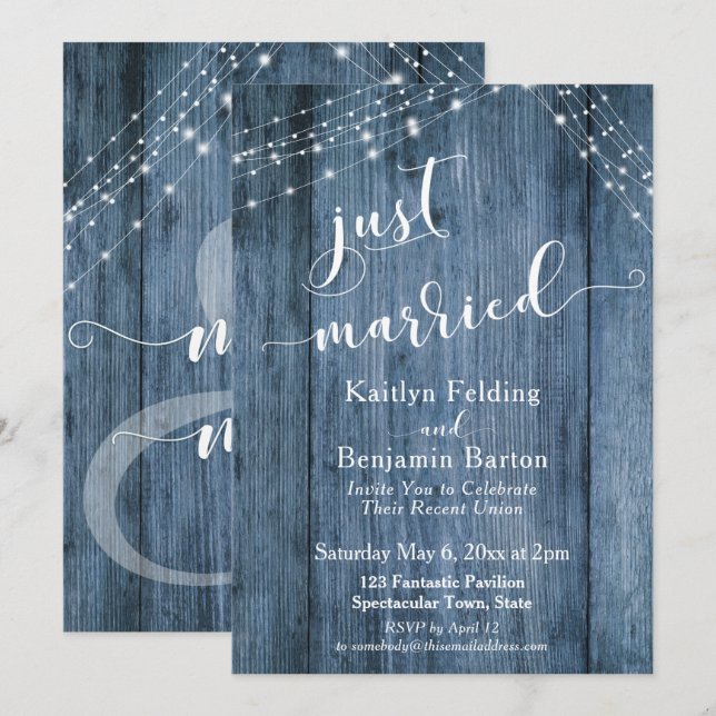 Convite Casamento Rustic Blue Wood & Lights Just Married E (Frente/Verso)