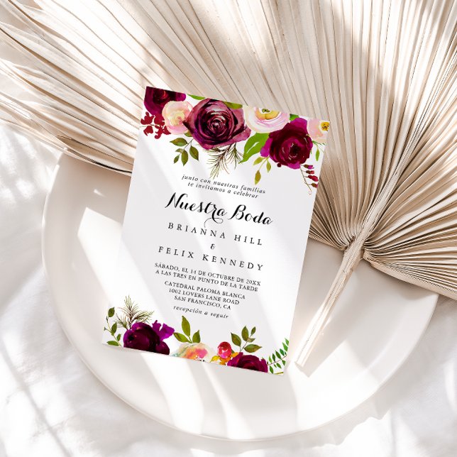 Convite Casamento Rustic Blush Burgundy Floral Nuestra Bod (Criador carregado)