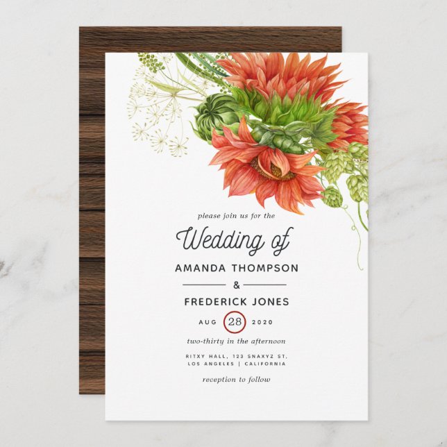 Convite Casamento Rustic Bohemian Red Sunflower (Frente/Verso)