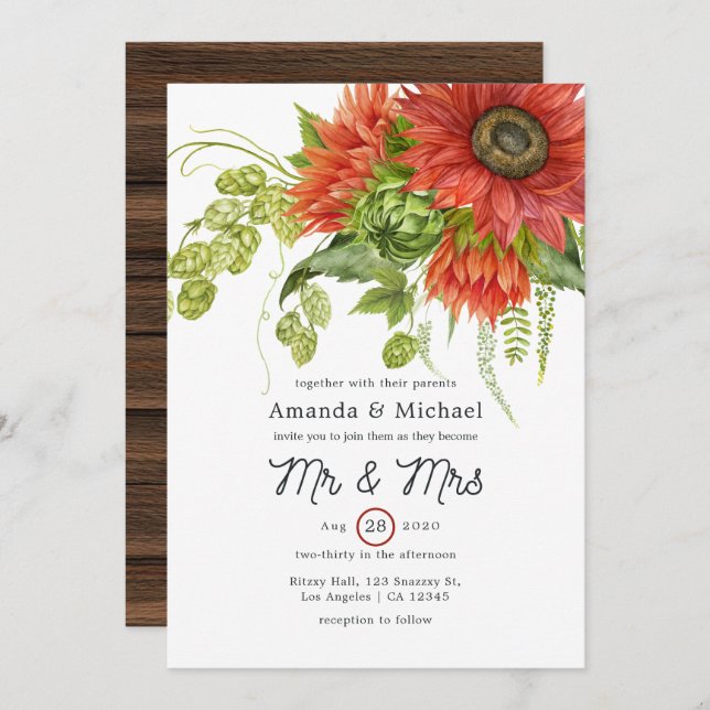 Convite Casamento Rustic Bohemian Red Sunflower (Frente/Verso)