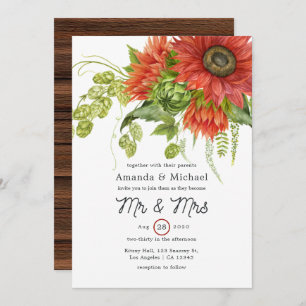 Convite Casamento Rustic Bohemian Red Sunflower