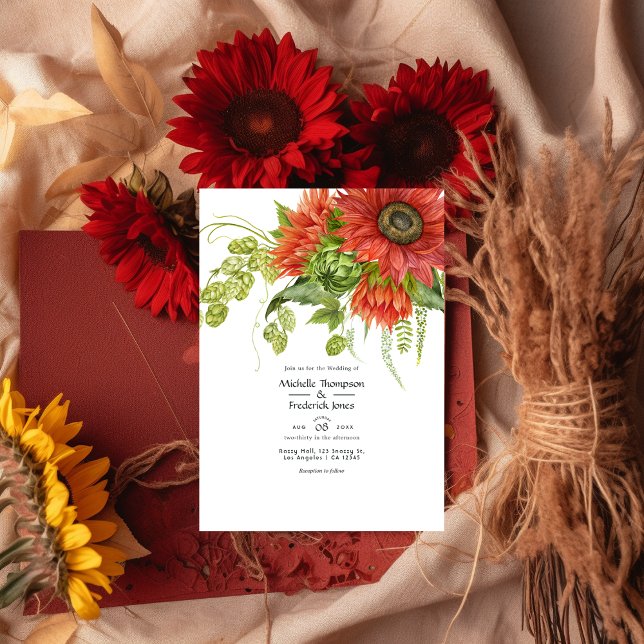 Convite Casamento Rustic Bohemian Red Sunflower (Criador carregado)