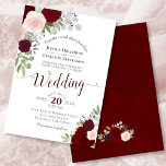 Convite Casamento Rustic Boho Floral Burgundy Red & Pink<br><div class="desc">Este belo convite para o casamento apresenta um design de música bólus rústico com rosas de aquarela pintados à mão em tons de rosa pincelado, vermelho profundo e burgundy. O buquê elegante inclui primatas de lavanda, eucalipto, hálito do bebê e outras folhas folhagem e verde, tudo em um fundo branco...</div>