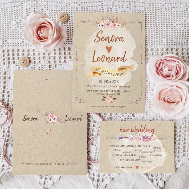 Convite Casamento Rustic Boho Floral Kraft (Criador carregado)