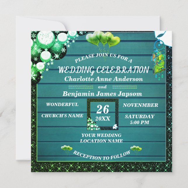 Convite Casamento Rustic Boho Green Glitter Wooden (Frente)