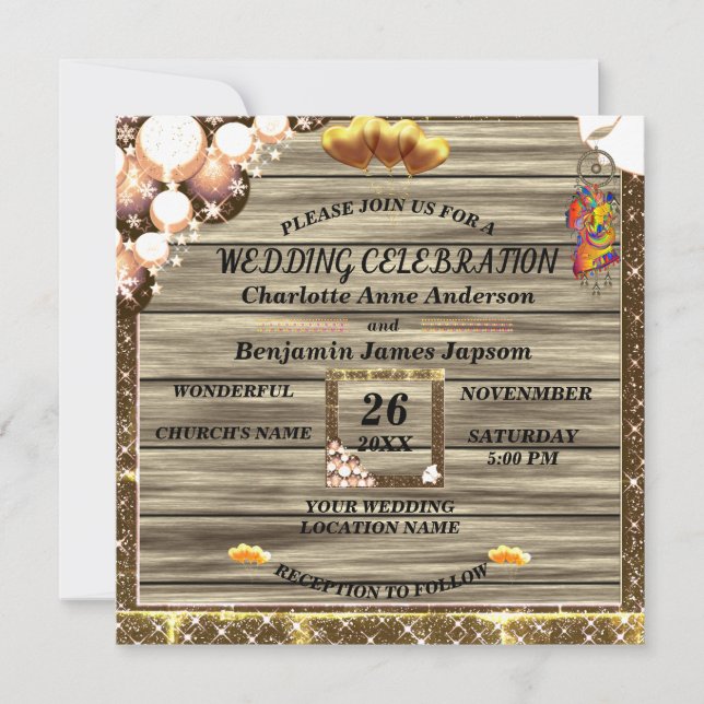Convite Casamento Rustic Boho Ouro Glitter Wooden (Frente)