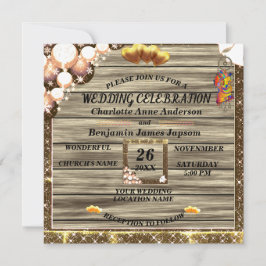 Convite Casamento Rustic Boho Ouro Glitter Wooden