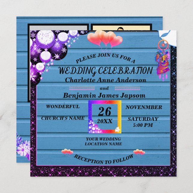 Convite Casamento Rustic Boho Purple Glitter Blue Wooden (Frente/Verso)