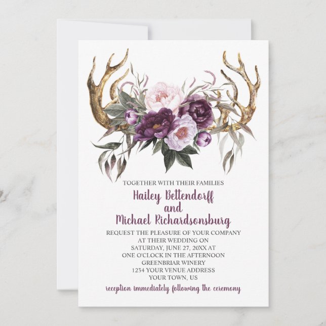 Convite Casamento Rustic Boho Purple Plum Peonies Antlers (Frente)