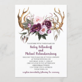 Convite Casamento Rustic Boho Purple Plum Peonies Antlers