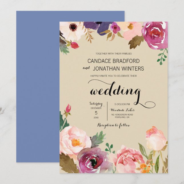 Convite Casamento Rustic Boho Watercolor Flowers (Frente/Verso)