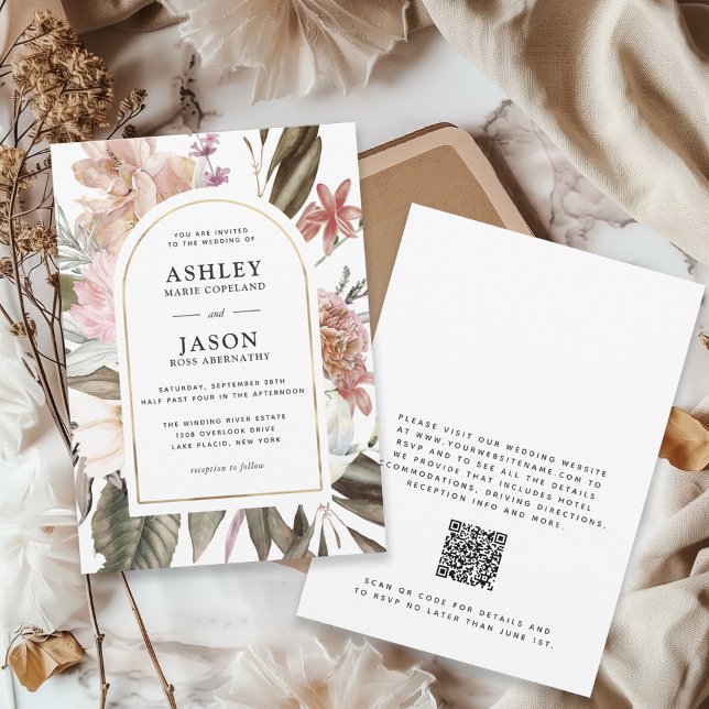 Convite Casamento Rustic Boho Wildflower com código QR (Criador carregado)