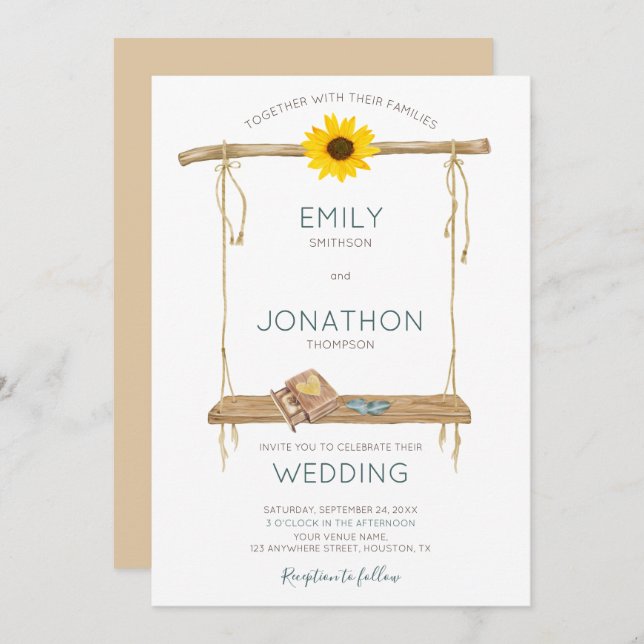 Convite Casamento Rustic Boho Wooden Swing Sunflower (Frente/Verso)