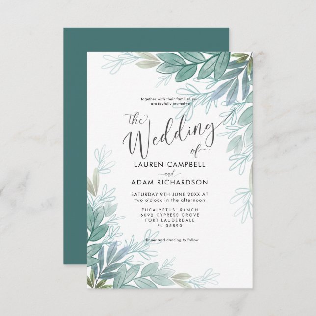 Convite Casamento Rustic Botanical Sage Green & Teal (Frente/Verso)
