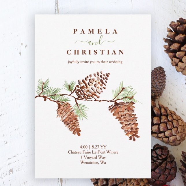 Convite Casamento Rustic Brown Watercolor Pinecones (rustic winter wedding invitation watercolor pinecones pine needles winter plants pine tree artwork)
