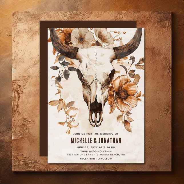 Convite Casamento Rustic Bull Cow Skull Floral Boho Wester (Rustic Bull Cow Skull and Flowers Boho Western Invitation)