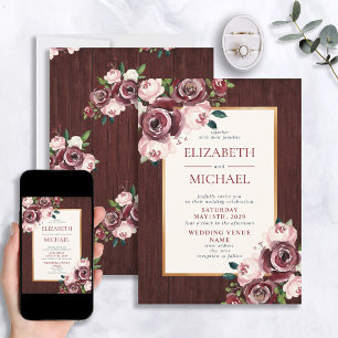 Convite Casamento Rustic Burgundy Blush Dourado De Madeira