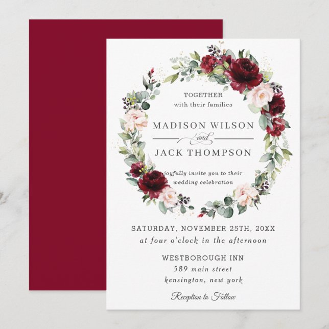 Convite Casamento Rustic Burgundy Blush Floral Cor-de-Rosa (Frente/Verso)