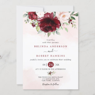 Convite Casamento Rustic Burgundy Blush Floral Cor-de-Rosa