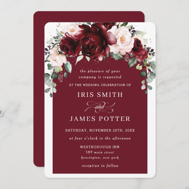 Convite Casamento Rustic Burgundy Blush Floral Flowers Arc (Frente/Verso)
