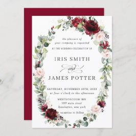 Convite Casamento Rustic Burgundy Blush Floral Wreath Leaf
