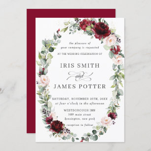 Convite Casamento Rustic Burgundy Blush Floral Wreath Leaf