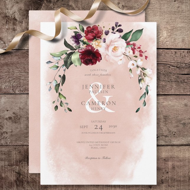 Convite Casamento Rustic Burgundy & Blush Pink Roses (Rustic Burgundy & Blush Pink Roses Wedding Invitation)