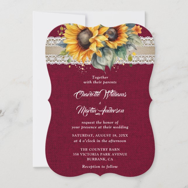 Convite Casamento Rustic Burgundy Burlap Lace Sunflower (Frente)