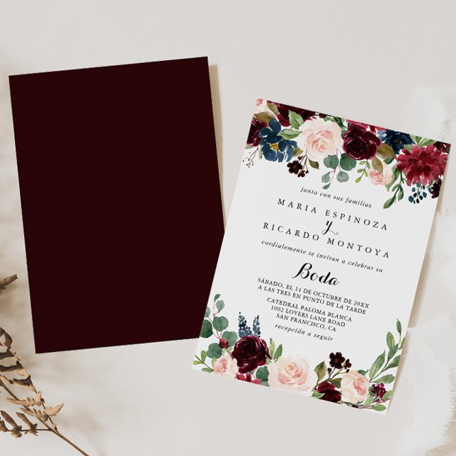 Convite Casamento Rustic Burgundy Calliografia Espanhola (Criador carregado)