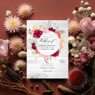 Convite Casamento Rustic Burgundy e Blush Floral Código QR