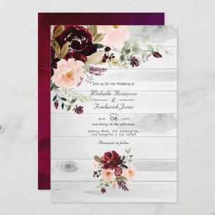 Convite Casamento Rustic Burgundy e Blush Floral Código QR