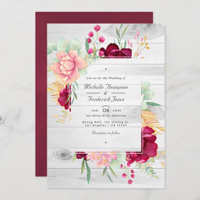 Convite Casamento Rustic Burgundy e Blush Floral Código QR (Frente/Verso)
