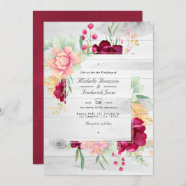 Convite Casamento Rustic Burgundy e Blush Floral Código QR