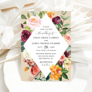 Convite Casamento Rustic Burgundy Fall Floral Diamond