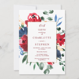 Convite Casamento Rustic Burgundy Flor Watercolor Gold