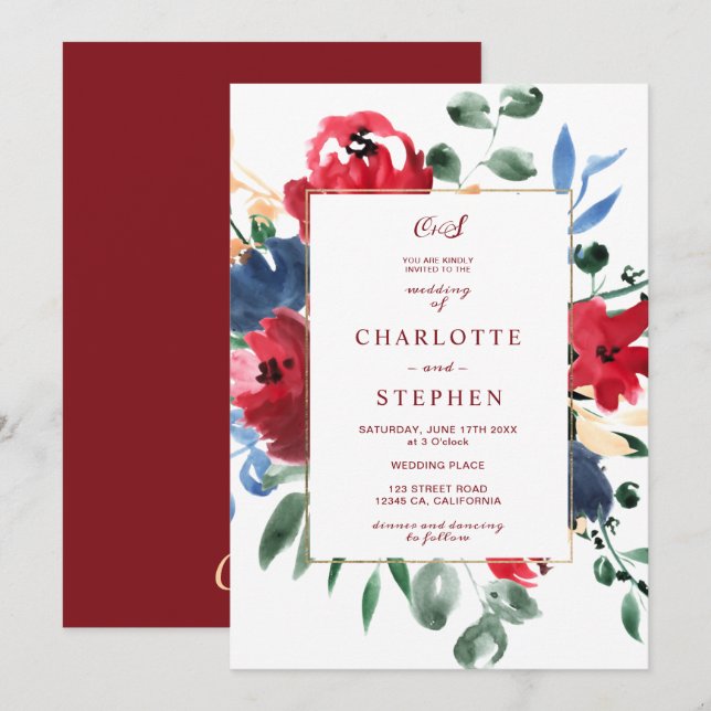 Convite Casamento Rustic Burgundy Flor Watercolor Gold (Frente/Verso)