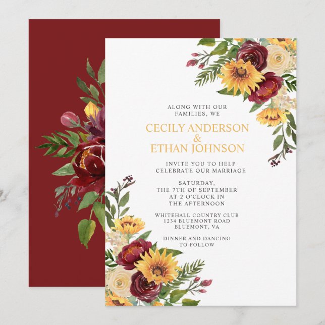 Convite Casamento Rustic Burgundy Floral Amarelo Girassóis (Frente/Verso)