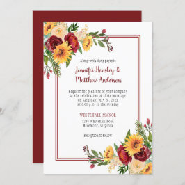 Convite Casamento Rustic Burgundy Floral Amarelo Girassóis