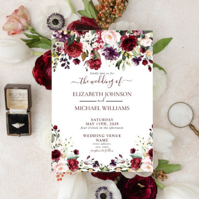 Convite Casamento Rustic Burgundy Floral Watercolor (Criador carregado)