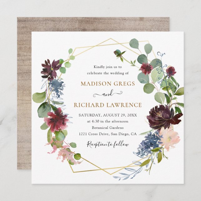 Convite Casamento Rustic Burgundy Florals (Frente/Verso)