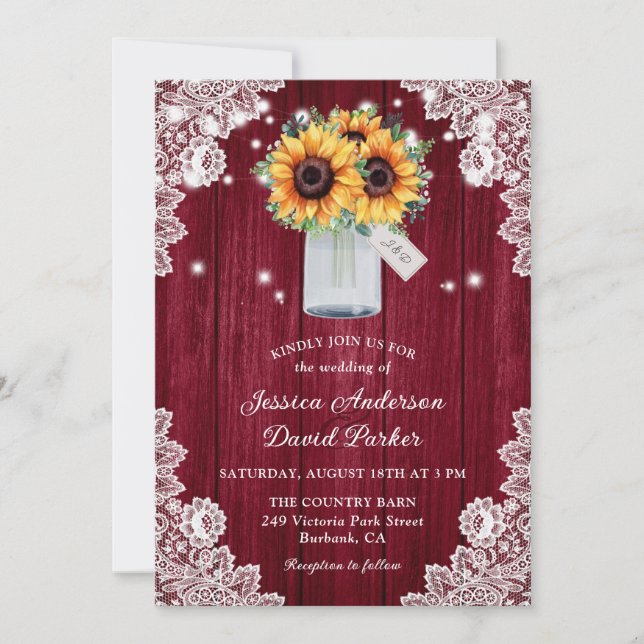Convite Casamento Rustic Burgundy Lace Mason Jar Sunflower (Frente)