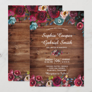 Convite Casamento Rustic Burgundy Marinho Floral De Madeir