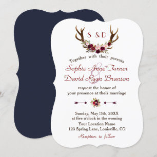 Convite Casamento Rustic Burgundy Marsala Floral Antlers